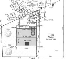 Emplacement de la maison. Notre voisin est sur le Lot B. 
Pas de vis-à-vis côté ouest, nord-ouest (plan d'eau)
Pas de vis-à-vis côté sud pour l'instant (terrain qui sera vendu à moyen terme).