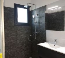 Notre salle d'eau avec meuble double vasque et armoire vitrée. Il ne manque que la paroi de douche