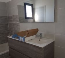 Salle de bain des enfants avec double vasque et grand miroir !
il manque la paroi de baignoire....