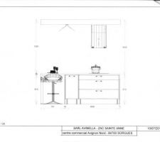 Plan 2D cuisine ilot central vu du linéaire