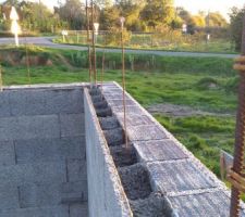 Coulage d'une mur à une hauteur de ~1m40 pour reprise de bétonnage 
avec mise en place de cheveux pour augmenter l'accroche de la reprise de bétonnage.