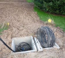 Regard d'arrivée de l'eau, cable EDF et PTT au bord du terrain