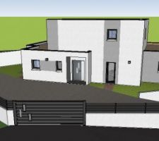 Vue de la maison en situation. J'ai réalisé le 3D avec le logiciel SKETCHUP