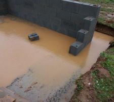 Lundi 11 d&eacute;cembre 2017.
Grosses averses en continu depuis des heures, r&eacute;sultat chantier inond&eacute;.
D&eacute;but des inqui&eacute;tude...
Par rapport au niveau de l'eau,on dirait que le mur gauche penche vers l'arri&egrave;re.
Les parpaings utilis&eacute;s sont des creux hors un connaisseur m'a dit que normalement les vides sanitaires sont mont&eacute;s en parpaings pleins.
Enfin il n'y a pas beaucoup de joints verticaux entre les parpaings. Cela m'inqui&egrave;te un peu, j'en ai fait part au conducteur de travaux par mail,j'attends qu'il me recontacte ou de le voir sur le terrain.
Si quelqu'un lisant mon r&eacute;cit s'y conna&icirc;t bien je ne serai pas contre quelques avis :)