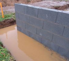 Lundi 11 d&eacute;cembre 2017.
Grosses averses en continu depuis des heures, r&eacute;sultat chantier inond&eacute;.
D&eacute;but des inqui&eacute;tude...
Par rapport au niveau de l'eau,on dirait que le mur gauche penche vers l'arri&egrave;re.
Les parpaings utilis&eacute;s sont des creux hors un connaisseur m'a dit que normalement les vides sanitaires sont mont&eacute;s en parpaings pleins.
Enfin il n'y a pas beaucoup de joints verticaux entre les parpaings. Cela m'inqui&egrave;te un peu, j'en ai fait part au conducteur de travaux par mail,j'attends qu'il me recontacte ou de le voir sur le terrain.
Si quelqu'un lisant mon r&eacute;cit s'y conna&icirc;t bien je ne serai pas contre quelques avis :)