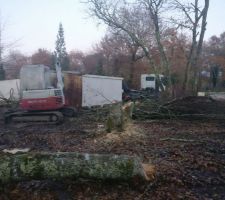 Terrassement in progress ! Vu la taille du terrain et l'implantation de la maison, nous ne pourrons garder que 4 chênes. Cela m'attriste beaucoup mais c'est le "jeu" quand on divise une grande parcelle en plusieurs petites ...
J'aurais aimé garder plus d'arbres :(