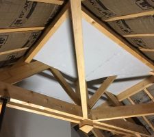 plafond étage, pan droit pour éviter d'avoir des hauteurs sous plafond de 5m mais tout en gardant la charpente apparente