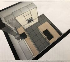 Plan Cuisine (modèle Nobilia Décor Béton Blanc et plan de travail Chène de Virginie)