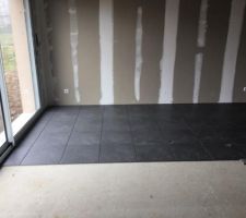 Carrelage de chez Point P A+ en 45X45 gris foncé avec des effets de 2tons