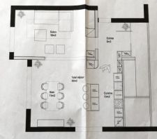 Plan nouvel aménagement.
La verrière dans le hall d'entrée sera plutôt une cloison + porte semivitrée coulissante.
Les 3 chambres sont desservis par le couloir derrière cette cloison.