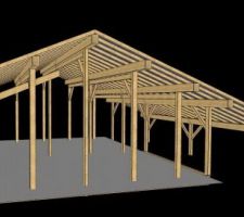 Travail du BE bois : vue 3D CadWork de la charpente, premier jet. vue de la façade est.