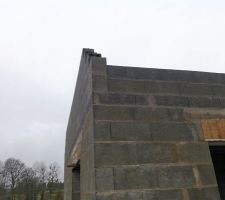 Élévation des murs étage 
Façade avant (est) /pignon gaughe (sud)
Murs de dérattellement étage (2 rangs de parpaings haut.20 cm soit 40 cm)
Murs pignons étage (parpaings haut. 25cm)