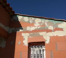 Préparation des façades en vue du crépissage.Mise en place de bandes toile de verre sur les jonctions comme les coffres de rideaux,les linteaux,l'arase mortier hydrofugée de la dalle et les briques des murs.Ceci évitera les micro-fissurations dans le temps.
