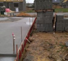 Palette de parpaings sur sol boueux en bord de dalle : tombera ou tombera pas ? Le conducteur de travaux est prévenu.