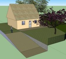 Vue 3D de la maison &agrave; l'echelle   terrassement choisie ( mur&ecirc;t de la voie d'acc&egrave;s remplac&eacute; par un tallus finallement car plus joli avec des fleurs et moins cher!)