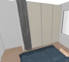 Placards chambre parentale. Première ébauche. Armoire portes coulissantes PAX longueur 200cm, profondeur 60cm, hauteur 237cm PLUS 40cm penderie/bibliothèque/accessoires/bazard derrière rideau.