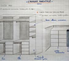 Placards chambre parentale. Première ébauche. Armoire portes coulissantes PAX longueur 200cm, profondeur 60cm, hauteur 237cm PLUS 40cm penderie/bibliothèque/accessoires/bazard derrière rideau.