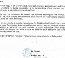 Le refus de la ville de Privas de me permettre l'accès provisoire par le parking.
Motif : information insuffisante.
En réalité l'organisation d'un enclavement de ma parcelle pour imposer un autre passage ruineux pour ma pomme.