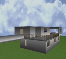 Vue garage, terrasse et salle à manger