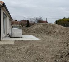 Le terrassier a terminé son travail pour le moment, il a remis les terres a niveaux, et posé un gravier "trottoir et parking".

On le rappelera surement pour toute cette terre en surplus a la place du futur Jacuzzi et de mon potager !