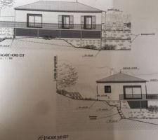 Plan de maison de face et coté y il aurra une terrasse supendu metallique de 2metres 40 de large