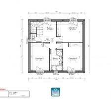 Plan de l'étage avec 3 chambres et une SDB avec douche+baignoire