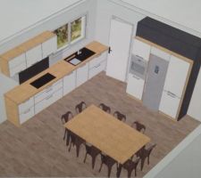 Visuels 3D non définitif - Cuisine Schmidt - Linéaire évier / plaque - Colonnes - Table en 120 par 200 encerclée de chaises "pour voir", ce n'est pas prévu ainsi ;-)