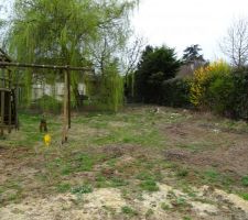 Notre terrain en forme de L va du rep&egrave;re jaune jusqu'&agrave; la haie &agrave; droite, jusqu'au fond, et &agrave; mes pieds il s'&eacute;tend un peu plus &agrave; gauche (entr&eacute;e du terrain).