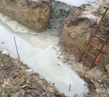 Coulage des fondations sous la pluie...