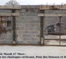 Lundi 26 Mars - Poursuite de l'élévation des murs. Pieds des chaînages verticaux purgés du mortier, puis béton coulé dans les chaînage. Pose des linteaux et des coffres de volet roulant (caisson Titan pour volet Bubendorff).