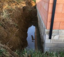 Vu Facade Nord : On remarque la terre écroulée sur le vide sanitaire (qui emppeche le passage du facadier) et l'eau stagnante