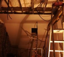 Structure en bois au dessus de la salle de bain afin de réduire la hauteur à 2m50