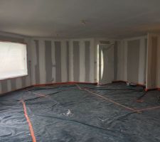 Enfin un accès à la maison , donc on protège tout les sols , enduire tout les plafonds , ensuite impression des murs ( sous couche )