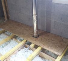 Réalisation du plancher de l'étage.
Découpe de la 1ère dalle de plancher pour laisser passer le conduit du poêle.