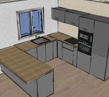 Voici la cuisine que nous avons conçu avec mon ami via le site "Sketchup". 

Plutôt fier de nous ;) 
Nous allons prendre notre cuisine chez IKEA après avoir essayer avec un cuisiniste, qui ne nous a pas conquis de part la qualité des prestations/ finitions et du prix surtout ( 7200 euros)!! 

Nous en aurions pour 2400 euros pour l'ensemble cuisine.

A rajouter le plan de travail de 800 euros ( via le papa de mon ami qui est menuisier). 

TOTAL: 3200 euros 

Il va juste falloir qu'on peigne les façades car nous souhaitons du gris foncé.