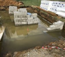 Début de pose du vide sanitaire et toujours la pluie et l'eau, c'est la piscine là :-)