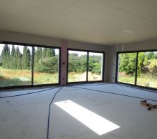 Nous aurons la cuisine + salle à manger (46 m²) 
3 grandes baies vitrées de 300x215 pour la vue sur les vignes..