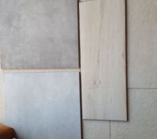 Carrelage maison (imitation parquet beige en bas + carreaux 45x45 gris clair effet béton pour escalier et étage. Pas de gris plus foncé finalement)