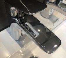 Choix des sanitaires : 

Robinet qui équipera tous les meubles double vasque de la maison. 
Ref Hansgrohe 

Robinet nouvelle génération qui évite de gaspiller de l'énergie à fabriquer et transporter de l'eau chaude. 
On tourne soit à gauche pour obtenir de l'eau chaude soit on lève au centre pour l'eau froide. Impossible de tourner à droite.