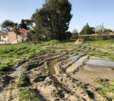 Ca s&egrave;che... Et on voit bien que le terrassier s'est bien amus&eacute; avec son engin ! Et avec la glaise en dessous, tasser tout &ccedil;a donne un effet qui ravit les grenouilles et surtout balance nos d&eacute;lais dans des stratosph&egrave;res sympathiques ! 

J'en entend certains me dire : "t'inqui&egrave;te, le d&eacute;lai des 1 ans court..." ! Pas du tout mon ami ! Le constructeur est malin. Il nous a laiss&eacute; le g&eacute;rer en direct, donc le chantier n'est toujours pas ouvert ! Nous sommes en avril d&eacute;j&agrave;... 4 mois de retard !