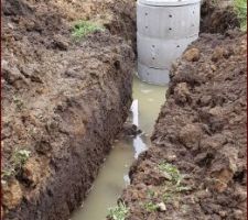 Tranchée du puisard.
Insertion d'une gaine pour un tuyau d'eau et une gaine électrique en vue d'une installation d'une pompe