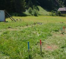 Travaux de topographie, pour l'implantation des pieux par Technopieux ; un bon coup de rotofil d'abord.