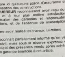 Extrait acte de vente : le vendeur a réalisé lui même les travaux et n'a pas souscrit à de DO