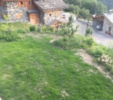 La pelouse enfin.... après des travaux de remise à niveau l?extraction de plusieurs dizaines de brouettes entières de cailloux, un camion de terre végétale et des dizaines de litres de terreau...c?est encore pas ça mais ça va venir.....