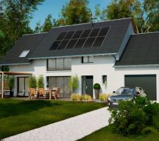 Dernier rendu de la maison. Ajout de 4 panneaux photovoltaïques.