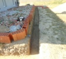 Pose des piquets de niveau pour le coulage du béton de la fondation terrasse