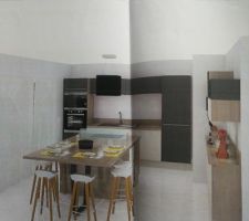 Plan de cuisine avec une baie vitree