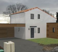 Ce dessin correspond à l'intégration de la maison sur le terrain.
Vue depuis l'accès principal.
On y distingue :
à gauche, le carport et l'atelier.
au centre, le corps principal sur 1 étage,
à droite, la chambre et le préau.