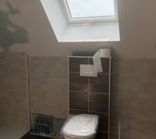 Carrelage pris chez Forgiarini Sausheim. Mod&egrave;le KEROS (25x35 cm) couleurs Beige et Cuero
Listel de la douche (4x25 cm) couleur Gris