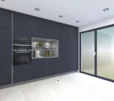 Cuisine : vue 3D du mobilier et électroménager sur le mur nord.